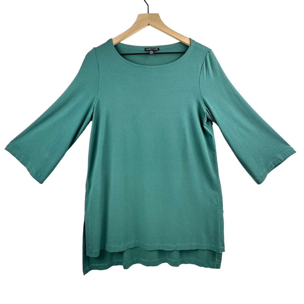 Eileen Fisher Tunic Top Womens Small Petite Wide Neck Flare Sleeve Green